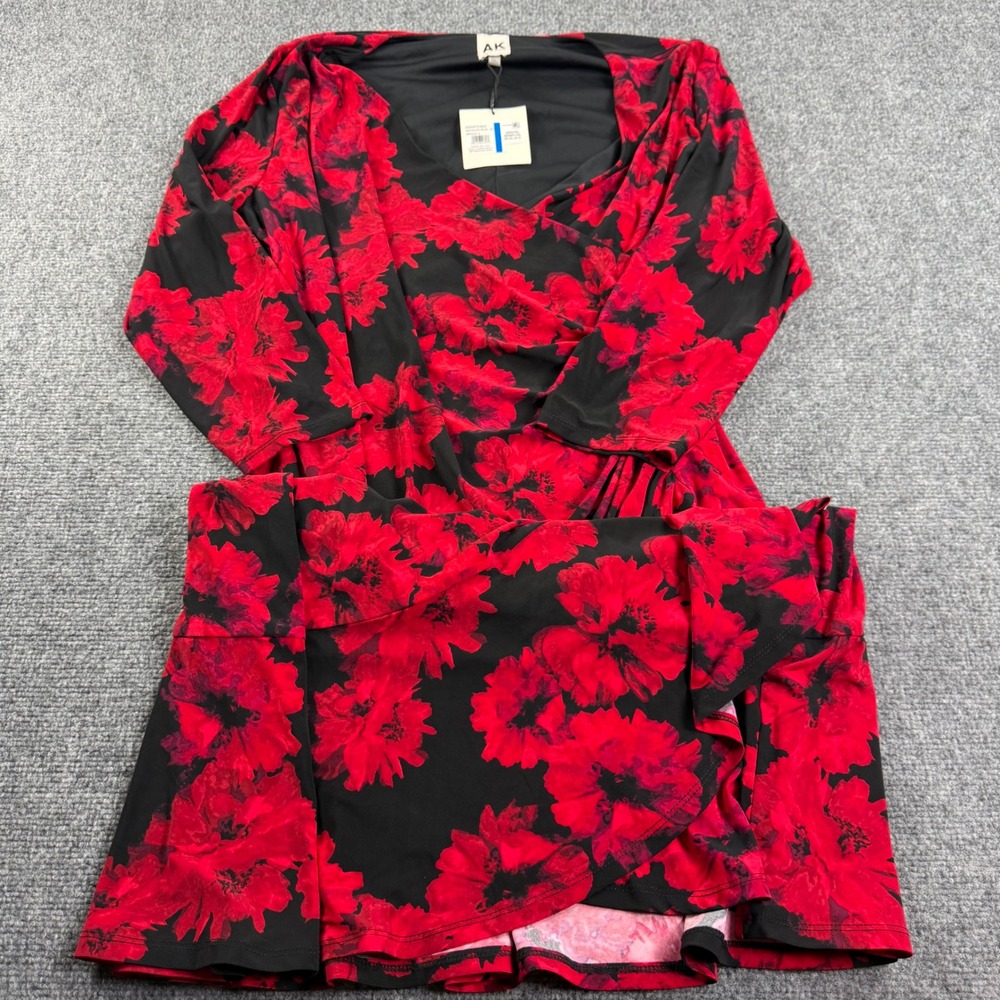 Anne Klein Faux Wrap Dress PXL Red Black Floral Ruffle Hem NWT Womens